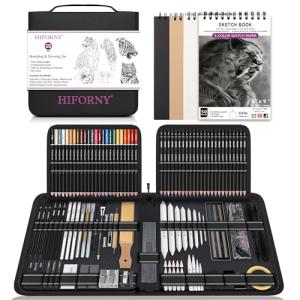 HIFORNY 126 PCS Drawing Kit Sketching Pencil Set,Sketch Pencils Art Supplies with 3-Color Sketchbook,Graphite,Charcoal,Blending Tools,Drawing Pencils for Adults Artists in Zipper Case