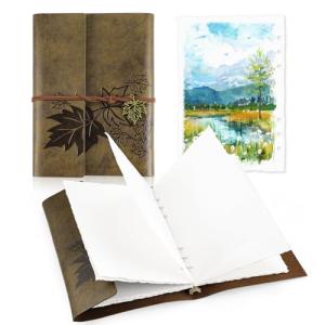 24 Sheets Watercolor Book with Leather Cover, 5.5x8.1inch Deckle Edge Water Color Paper, Cold Press Watercolor Journal, Mixed Media Sketchbook for Adults Students Artists Beginners
