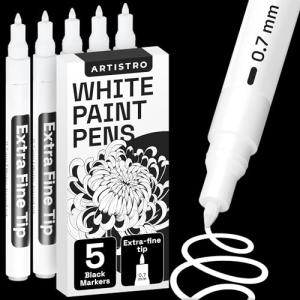 ARTISTRO 5 White Paint Pen for Glass Marking, Rock Painting, Ceramic, Wood, Tire, Fabric, Metal, Canvas - Set of 5 Acrylic Paint Markers Water-based - Extra-fine Tip