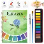 Watercolor Workbook, Watercolor Coloring Book Beginner Friendly Painting kit for Adults, 12 Colors Water Color Paint with Palette & 2 Brush, Exploration Gift (Flower)