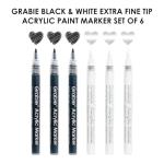 Grabie Black & White Extra Fine Tip Acrylic Paint Marker Set, 6 Pack, 0.7mm Acrylic Paint Pens for Highlights and Fine Details on Drawings, Rock Painting Glass Canvas Wood, White Highlight Markers