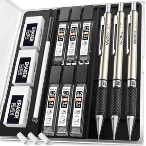 Nicpro 0.7 mm Art Mechanical Pencil Set in Storage Case, 3 PCS Metal Drafting Pencil Lead Pencil with 6 Tube HB Lead Refills, 3 Erasers, 9 PCS Eraser Refills for Artist Writing, Drawing, Sketching