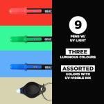 SAKURA Gelly Roll UV Pen - UV Gel Invisible Ink - With Keychain Flashlight - For Art or Drawing - Red, Green & Blue - 9 Pens, 3 Lights