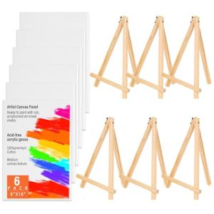 Canvas Boards with Easel for Painting 6 Pack 8 x 10 Inch Small Canvases Panels with Pine Easels Beginner PaintingKit for Acrylic Oil Watercolor Crafts Sip and Paint Art Party