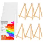 Canvas Boards with Easel for Painting 6 Pack 8 x 10 Inch Small Canvases Panels with Pine Easels Beginner PaintingKit for Acrylic Oil Watercolor Crafts Sip and Paint Art Party