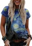 Starry Sky Night Oil Painting Women's Shirt Novelty Flower Graphic Tee with Vintage Short Sleeves for Art Lovers