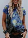 Starry Sky Night Oil Painting Women's Shirt Novelty Flower Graphic Tee with Vintage Short Sleeves for Art Lovers