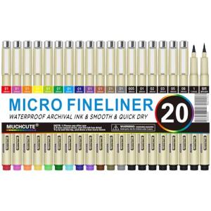 Muchcute Micro Fineliner Drawing Art Pens: 20 Set (12 Colors & 8 Black) Extra Fine Line Waterproof Ink Artist Supplies Archival Inking Ultra Thin Markers Sketch Sketching Watercolor Zentangle Stuff