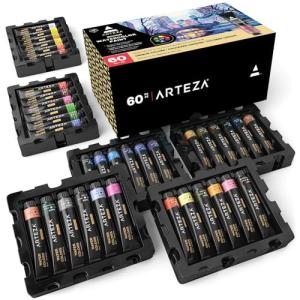 ARTEZA Watercolor Paint Set, 60 Colors in 12 ml/0.4 US fl oz Tubes, Premium Water Colors Paint for Adults, Artists & Hobby Painters, Bright Vibrant Watercolor Paints