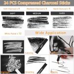 Dlicoda 24 Pcs Compressed Charcoal Sticks with Soft, Medium, Hard and White Charcoal, Square Charcoal Stick Kit for Drawing, Sketching and Shading (12 Black and 12 White)