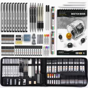 Four Candies 73PCS Advanced Art Supplies Drawing Kit with Fineliner Pens, Mechanical Pencils, 3-Color Sketchbook, Charcoal Sticks,Pastels for Sketching Drawing Comics Gifts for Professionals Artists