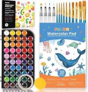 Funto Watercolor Set, 48 Color Paint Set, 10 Brushes, 30 Page Pad(9"x12"), 4 Refillable Pens & More, Painting Kit for Kids, Adults, Beginners