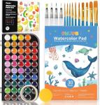 Funto Watercolor Set, 48 Color Paint Set, 10 Brushes, 30 Page Pad(9"x12"), 4 Refillable Pens & More, Painting Kit for Kids, Adults, Beginners