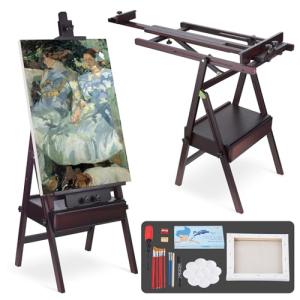 YOKUGO H Frame Artist Easels for Painting, Large Beech Wood Painting Easel with Storage Drawer Floor Standing Easel Stand for Adults, Foldable & Adjustable Studio Canvas Art Stand, Walnut