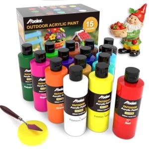 ABEIER Outdoor Acrylic Paint Set, 15 Vibrant Colors (8.45oz/250ml Large Bottles), Waterproof & UV Resistant Outdoor Paint for Rocks, Wood, Walls, Garden Statues, Professional Bulk Art Supplies