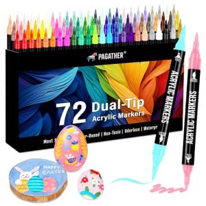 Pagather 72 Colors Acrylic Paint Markers, Dual Tip with Fine Tip and Brush Tip Pens for Stone, Wood, Calligraphy, Canvas, Ceramic, Metal, Glass, Rock Painting, DIY Crafts