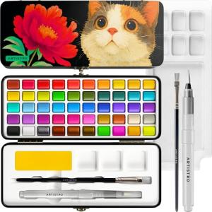ARTISTRO 50 Colors Watercolor Paint Set - Portable Paint Set with Palette and Brush Pens - Travel Water Color Kit for Adults, Professionals, Kids - Art and Painting Supplies - Christmas Gift Idea