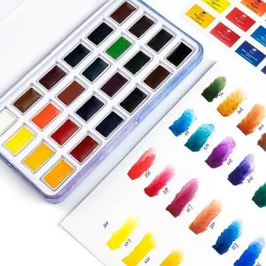 Paul Rubens Watercolor Paint Set Full Pan, 24 Vivid Colors Water Coloring Paint in Pocket Box with Metal Ring, High Transparency Intense and Durable, No Chalky, Perfect for Students, Beginners