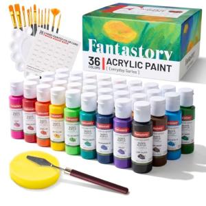 Fantastory Acrylic Paint Set, 36 Colors (2oz/60ml) with 16-Piece Kit (12 Brushes, Color Chart, Palette, Scraper, Sponge) – Includes 3 Metallic Colors. Non-toxic & waterproof paint for wood, pumpkin, rock, canvas, clay. Great for artists, DIY crafts & 3D printing.