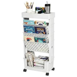 yeavs 5-Tier Mobile Bookshelf, Rolling Bookcase Book Storage Rack, Movable File Folder Organizer Cart with Wheels for Home Study Office Living Room Classroom, White