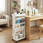 yeavs 5-Tier Mobile Bookshelf, Rolling Bookcase Book Storage Rack, Movable File Folder Organizer Cart with Wheels for Home Study Office Living Room Classroom, White