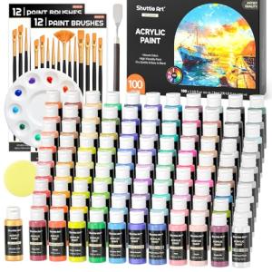 Shuttle Art 100 Colors Acrylic Paint, 2oz/60ml Bottles, Include 2 Sets of 12 Paint Brushes, 1 Art Sponge & Palette, Premium for Artists, Beginners & Kids on Canvas Rocks Wood Ceramic