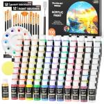 Shuttle Art 100 Colors Acrylic Paint, 2oz/60ml Bottles, Include 2 Sets of 12 Paint Brushes, 1 Art Sponge & Palette, Premium for Artists, Beginners & Kids on Canvas Rocks Wood Ceramic