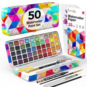 Funcils Watercolor Paint Set - 50 Travel Watercolors Set - Water Colors Paint for Adult, Kids, Beginners, Professional Artists | Watercolor Palette with Paper, Brush, Pen | Art Supplies for Adults