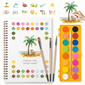 EIOLUIK Watercolor Painting Kit for Adults & Beginners: Includes Summer Beach watercolor Workbook, 16 assorted colors, 3 Brushes (with Perforated Pages). Thoughtful Gift for Women and kids.