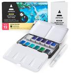 Arteza Watercolor Paint Set with Water Brush, 12 Watercolor Half Pans in Ocean Tones, Semi Moist, Art Supplies for Painting Stunning Seascapes