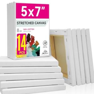 PHOENIX Stretched Canvas for Painting 5x7 Inch/14 Bulk Pack, 8 Oz Triple Primed 5/8 Inch Profile 100% Cotton White Blank Canvas, Small Framed Canvas for Oil Acrylic & Pouring Art