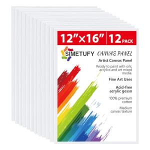 Simetufy 12 Pack 12x16 Inch Large Canvas Boards for Painting Flat Canvas Panels, Gesso Primed Acid-Free 100% Cotton for Acrylic Oil Watercolor Tempera Paint