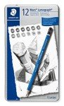 STAEDTLER Mars Lumograph Art Drawing Pencils, 12 Pack Graphite Pencils in Metal Case, Break-Resistant Bonded Lead, 100 G12,Silver/Blue