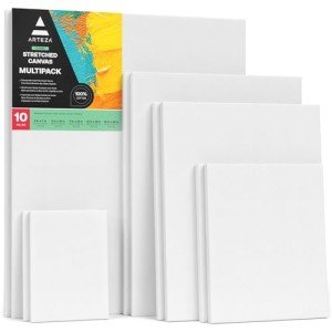 ARTEZA Stretched Canvas, 5 x 7, 8 x 10, 11 x 14, 12 x 16, 16 x 20 Inches, Multipack of 10, Blank White Canvas for Acrylic, Oil and Gouache Painting