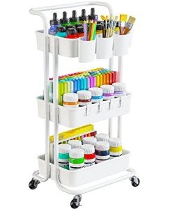 Pipishell 3-Tier Rolling Cart with Wheels - Rolling Storage Cart with Hanging Cups & Hooks - Mobile Utility Cart for Office, Kitchen, Craft Room - Art & Craft Organizer, White, PIUC06W