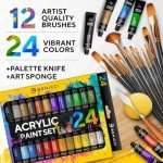 Complete Acrylic Paint Set – 24х Rich Pigment Colors – 12x Art Brushes with Bonus Paint Art Knife & Sponge – for Painting Canvas, Clay, Ceramic & Crafts, Non-Toxic & Quick Dry – for Kids & Adults