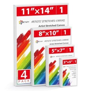 Simetufy 4 Pack Stretched Canvas for Painting 4 Sizes 3X5, 5x7, 8x10, 11x14 Canvases Set Artist Framed Canvas Board, 100% Cotton for Oil Acrylic Watercolor Paint for Kids