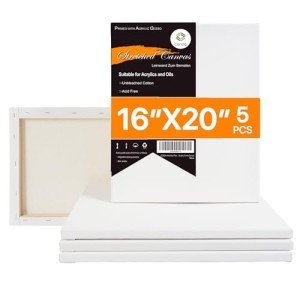CONDA 16x20 inch Stretched Canvas for Painting, Pack of 5, Primed, 100% Cotton 5/8 Inch Profile Value Bulk Pack for Acrylics, Oils Painting