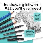 Castle Art Supplies Graphite Drawing Pencils and Sketch Set (40-Piece Kit), Complete Artist Kit Includes Charcoals, Pastels and Zippered Carry Case, Rare Pop-Up Stand