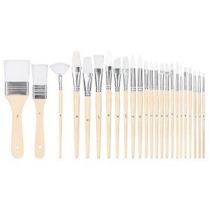 Amazon Basics Multi-shaped Polyester Paint Brushes for for Acrylic, Oil, Watercolor, Gouache, 24 Different Sizes, Wood Color