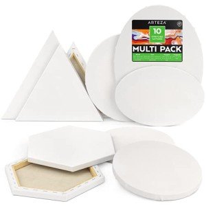 ARTEZA Stretched Canvas, Multipack of 10, Round, Oval, Triangle, and Hexagonal Canvas, Blank White Canvas Boards for Acrylic, Oil and Gouache Painting
