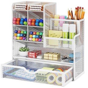 Marbrasse Mesh Pen Holder for Desk, Multi-Functional Pencil Organizer with Drawer, Desk Organizers and Accessories for Office Art Supplies (White)