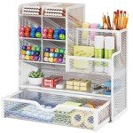 Marbrasse Mesh Pen Holder for Desk, Multi-Functional Pencil Organizer with Drawer, Desk Organizers and Accessories for Office Art Supplies (White)
