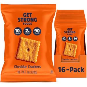 Get Strong Foods Cheddar Cheese Crackers - High Protein Crackers - Keto Friendly, Low Carb, High Fiber Cheese Crisp - Low Calorie, Healthy Snack for Adults and GLP-1, Pack of 16