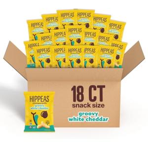 HIPPEAS Chickpea Puffs, Groovy White Cheddar, Gluten Free Snacks, Dairy Free, Vegan, 0.8oz, Pack of 18, 3g Protein, 2g Fiber, Crunchy, Nutritious, Baked Plant Protein Snack, Non-GMO, Kosher