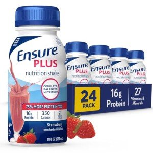 Ensure Plus Strawberry Nutrition Shake With Fiber | Meal Replacement Shake | Ready To Drink | 16g Protein and 27 Vitamins and Minerals | 8 fl oz - 24 Pack