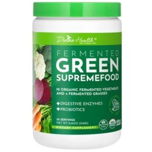 Divine Health Fermented Green Supremefood | 14 USDA Organic & Fermented Vegetables and Grasses | Probiotics | Enzymes | Apple Cinnamon Flavor | 30 Servings | 240g