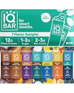 IQBAR Brain and Body Plant Protein Bars - 7 Bar Sampler Pack - Gluten Free, High Fiber, Vegan Snacks - Low Sugar Meal Replacement