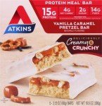 Atkins Vanilla Caramel Pretzel Protein Meal Bar, High Fiber, 2g Sugar, 4g Net Carbs, Meal Replacement, Keto Friendly, 5 Count