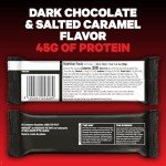 MUSASHI High Protein Bar, 45g Protein, <1g Total Sugars, Dark Chocolate & Salted Caramel, Post Workout and Protein Snack On The Go, 12 Pack of 3.2oz (90g) Bars
